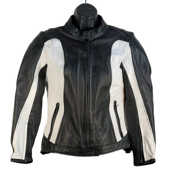 BILT Womens Leather Motorcycle Jacket With Padding sz S black white - Picture 1 of 9